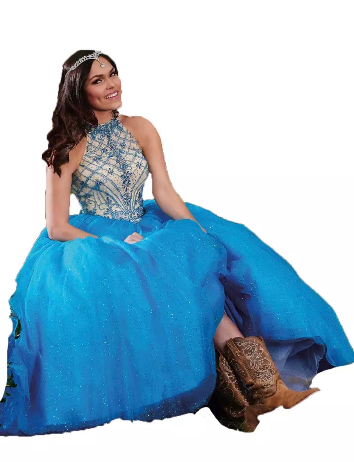 Long Quinceanera Beaded Halter Top Ball Gown