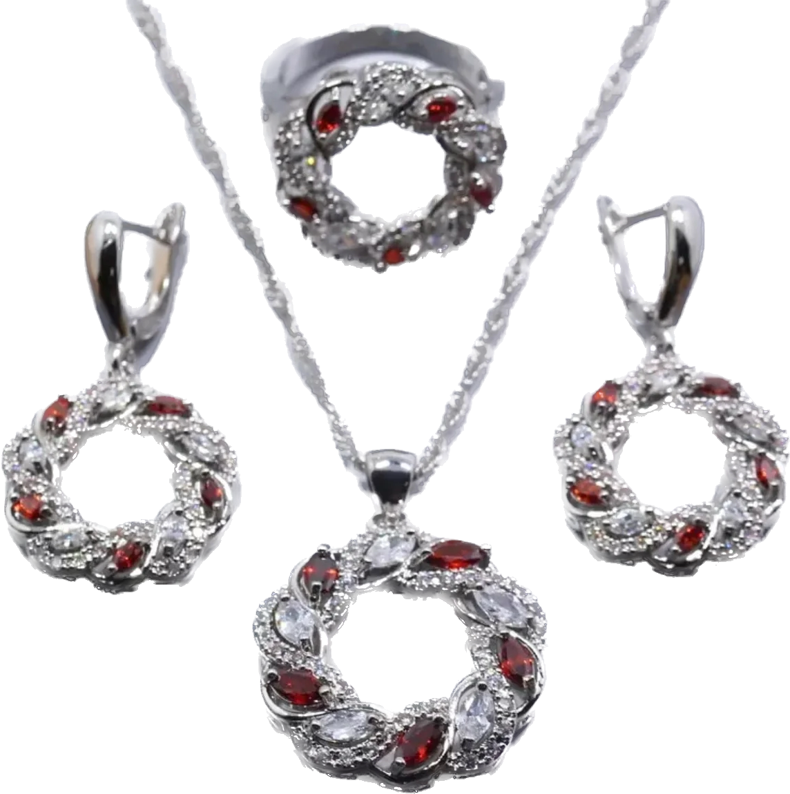 Wreath Style Garnet with Cubic Zirconia Sterling Silver 925 jewelry Set