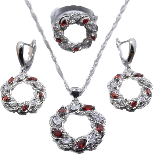 Wreath Style Garnet with Cubic Zirconia Sterling Silver 925 jewelry Set