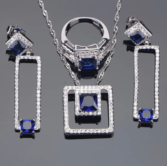 Lab Created Sapphire Sterling Silver 925 Square Style Jewelry Set
