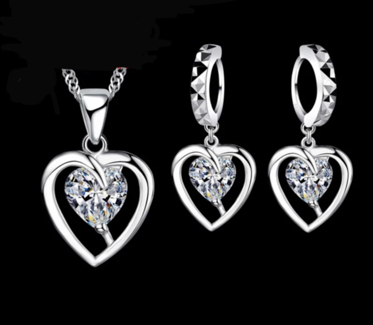 Heart shape Sterling Silver 925 Necklace Dangling Earrings