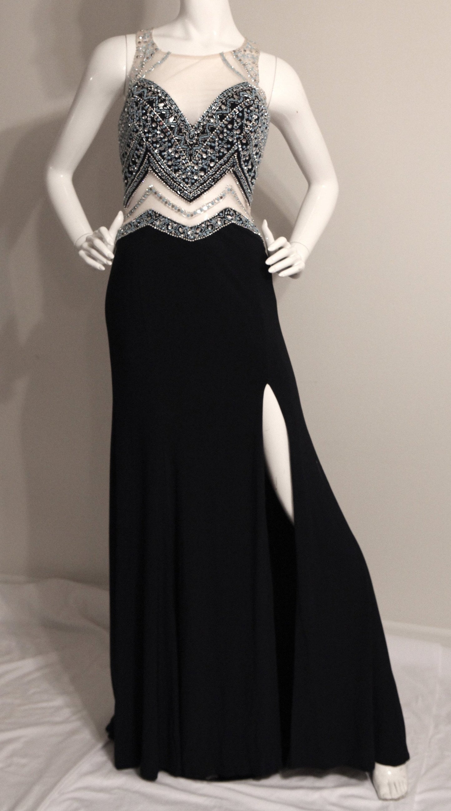 Long Black Dress Slit from the Side with Turquiose Bead Work