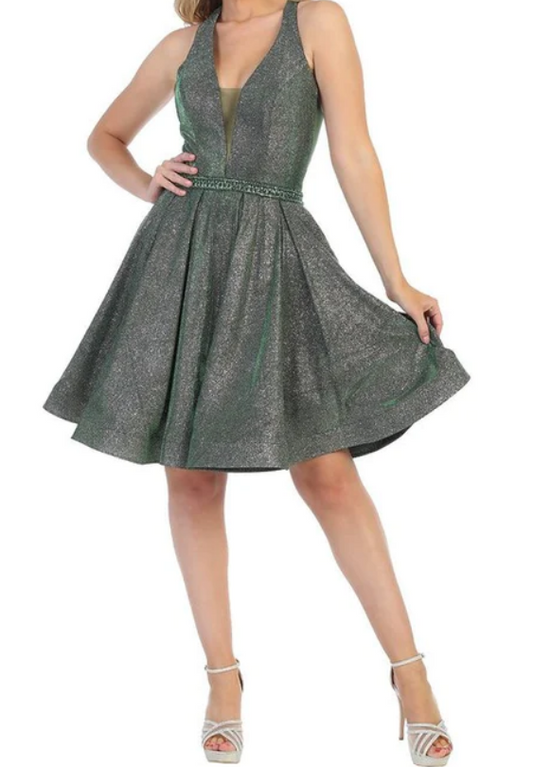 Green Metallic Short Flare Dress